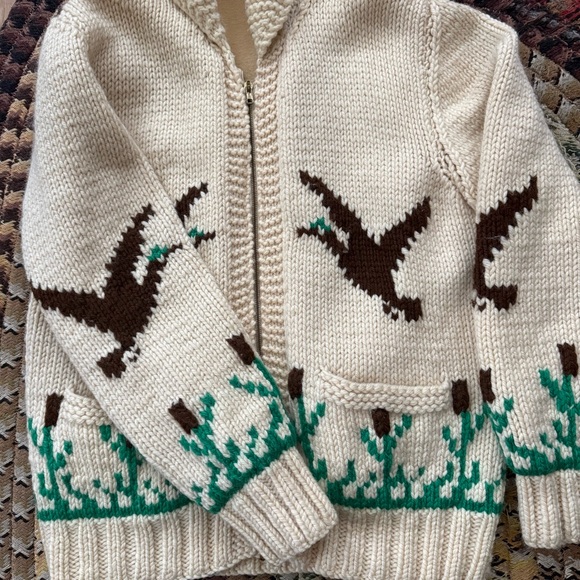 💀 SOLD 💀 Vintage 50s Cowichan Flying Duck Lined Chunky Wool Knit Sweater ~ S - Picture 8 of 9